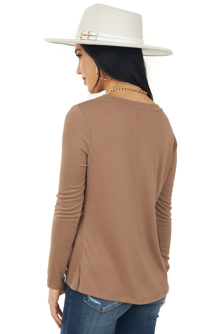 Coffee Long Sleeve Knit Top with Twist Detail