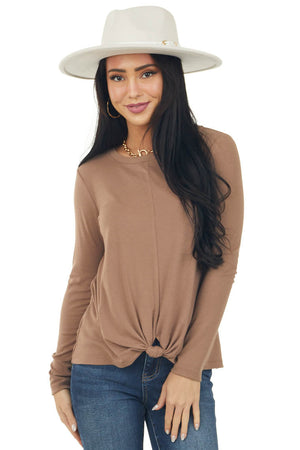 Coffee Long Sleeve Knit Top with Twist Detail