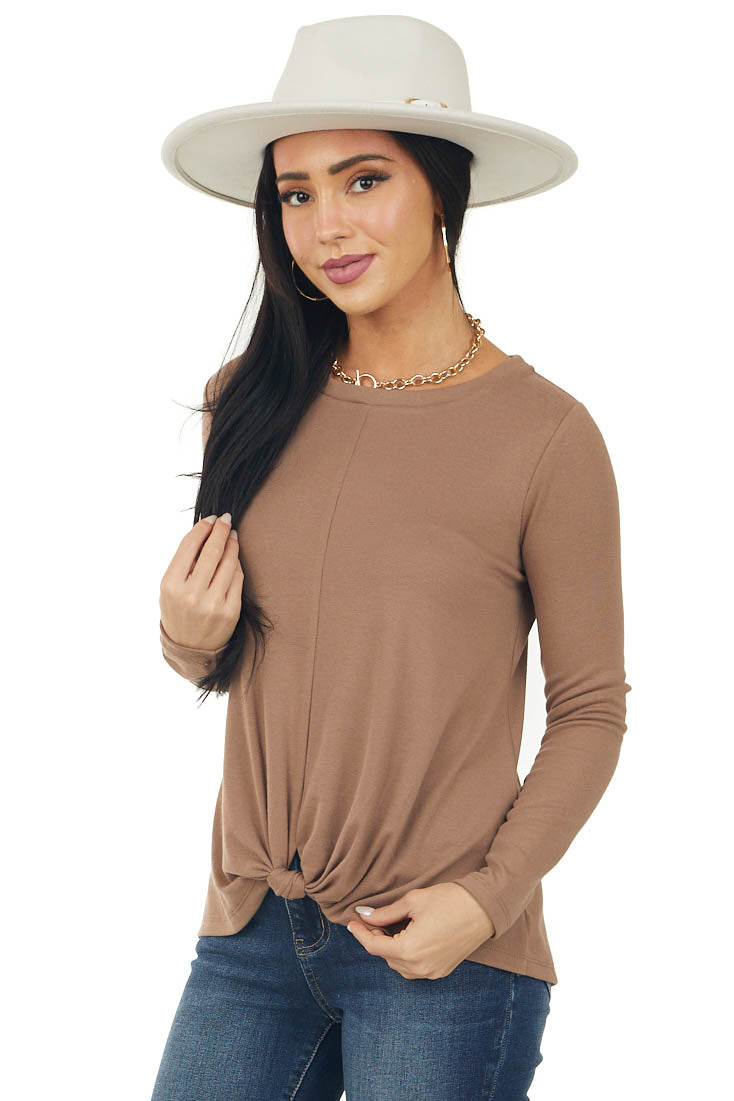 Coffee Long Sleeve Knit Top with Twist Detail