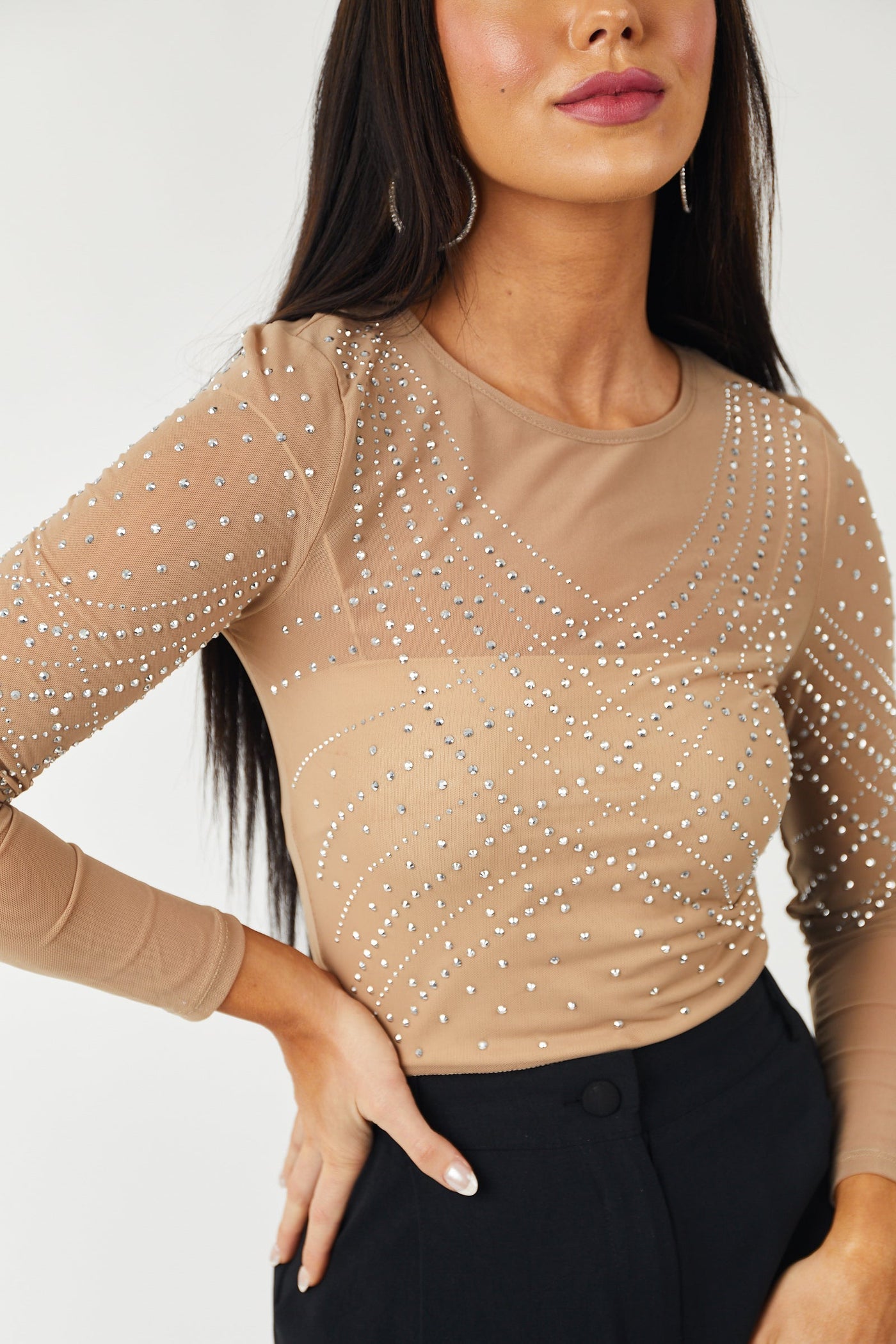 Coffee Rhinestone Embellished Long Sleeve Stop