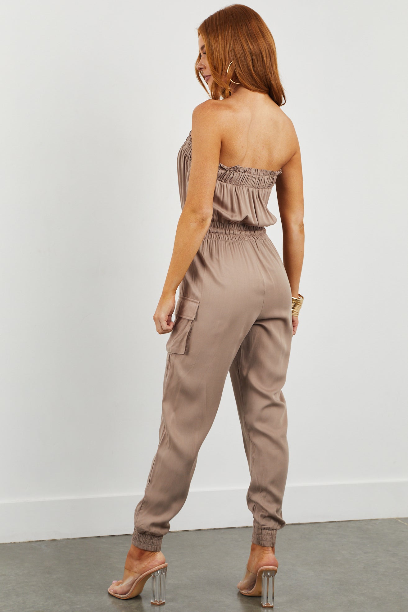 Coffee Strapless Cargo Detail Waist Tie Jumpsuit