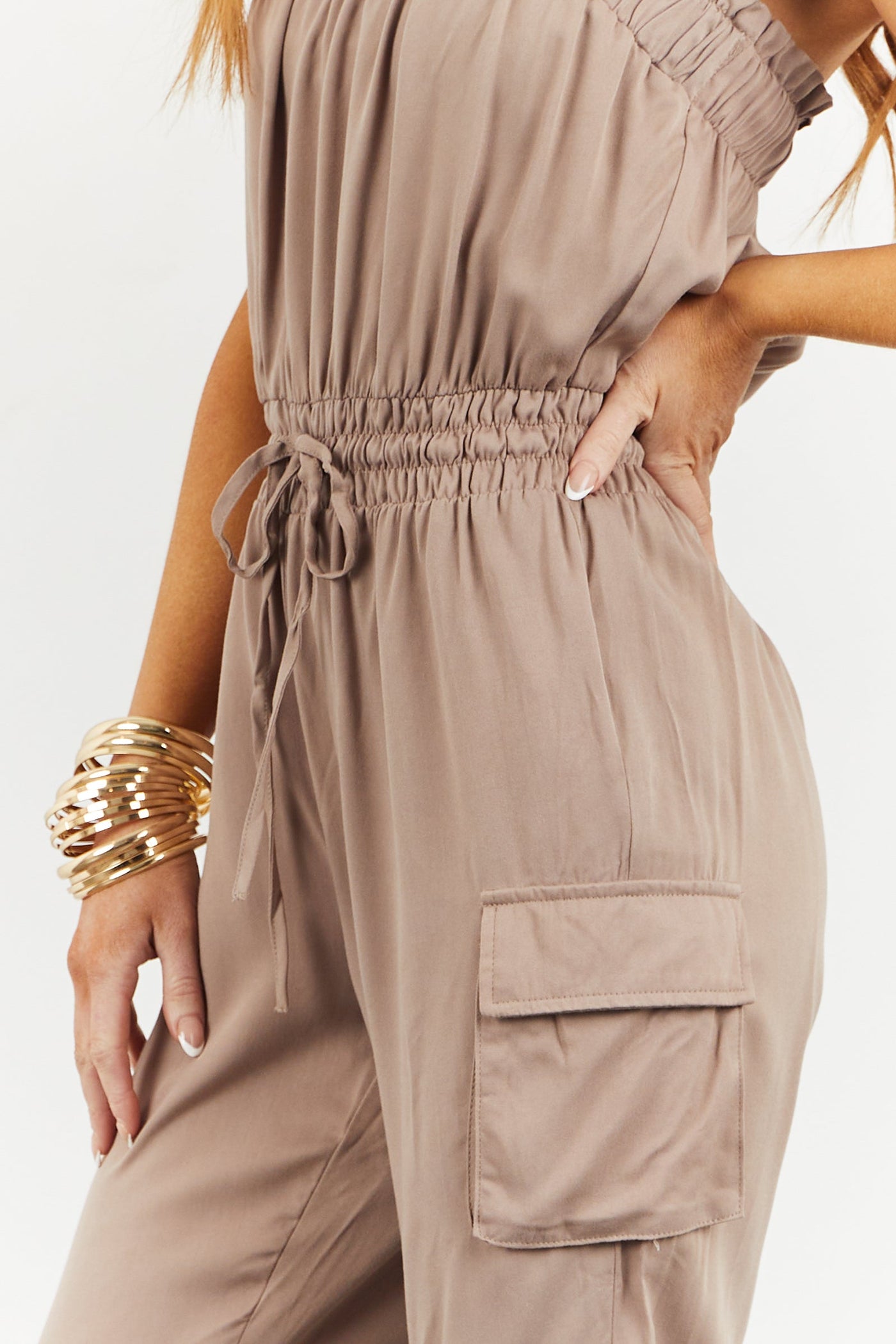 Coffee Strapless Cargo Detail Waist Tie Jumpsuit