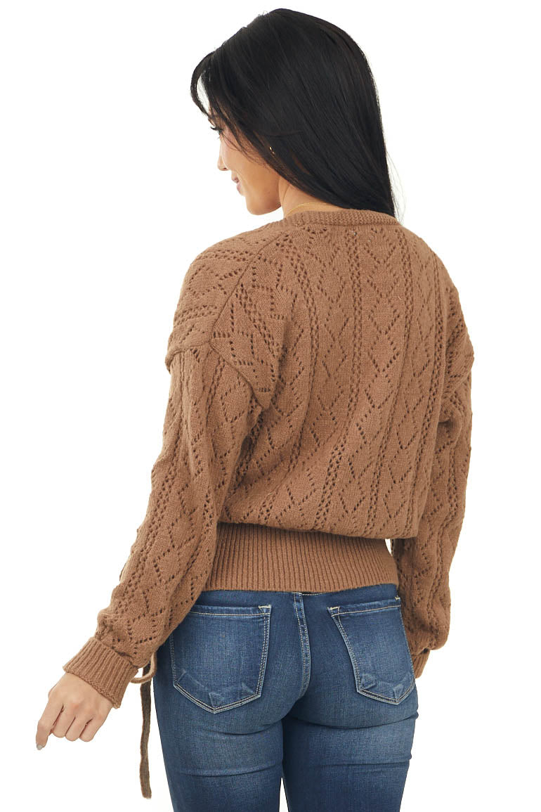 Coffee Surplice Pointelle Knit Wrap Sweater