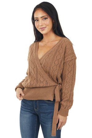Coffee Surplice Pointelle Knit Wrap Sweater