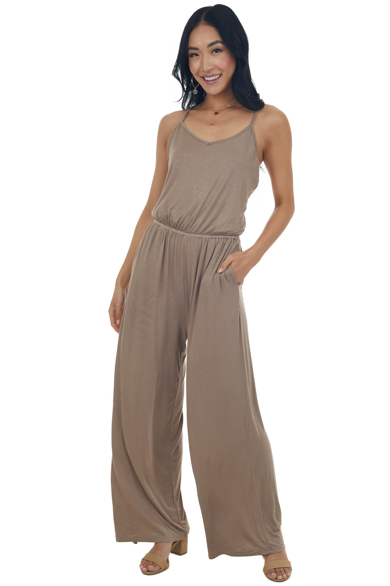 Coffee Wide Leg Sleeveless Pocket Knit Jumpsuit