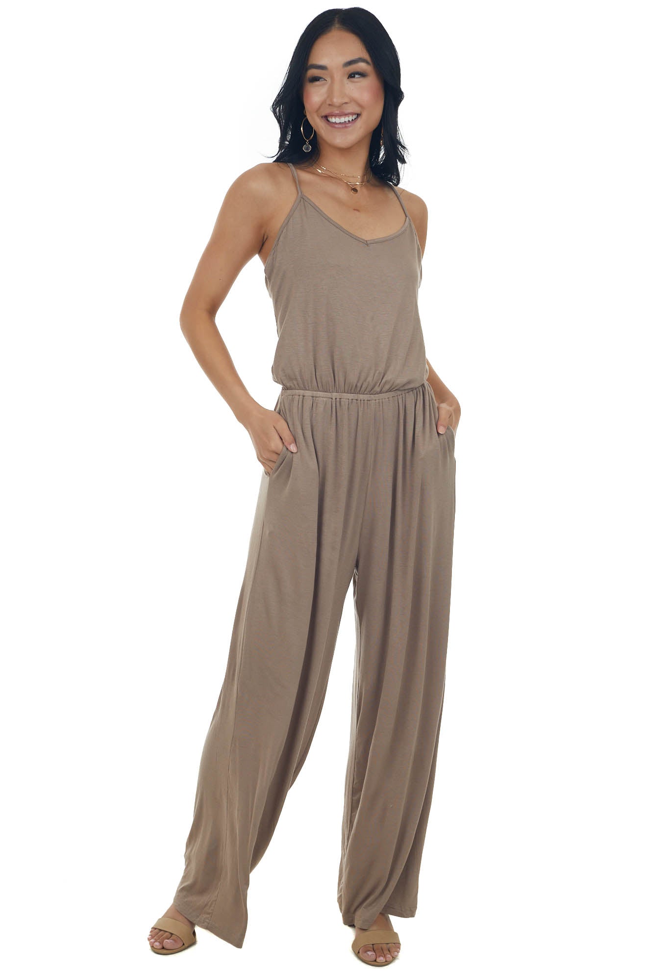 Coffee Wide Leg Sleeveless Pocket Knit Jumpsuit