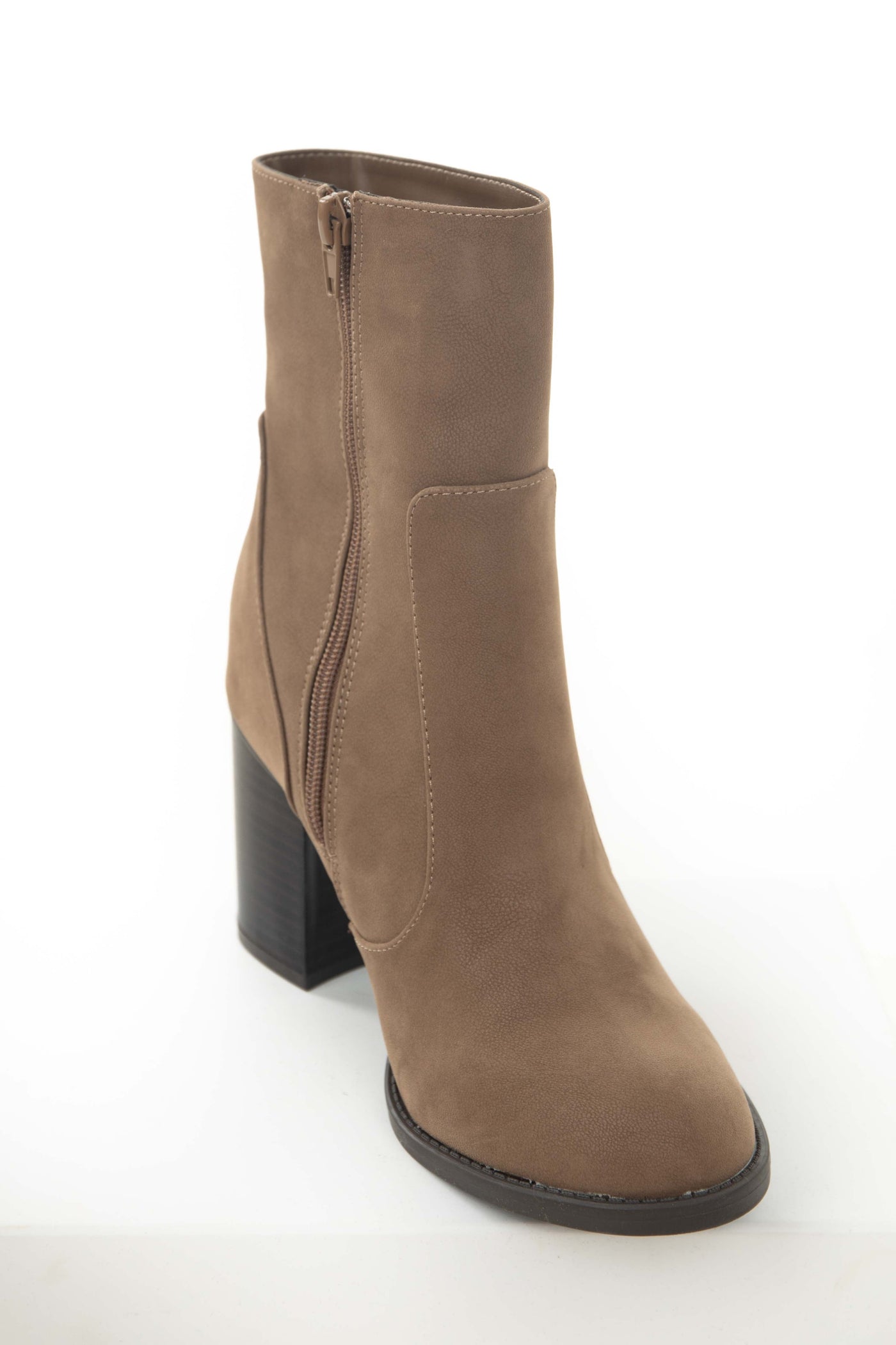 Coffee Block Heel Rounded Toe Mid Calf Boots