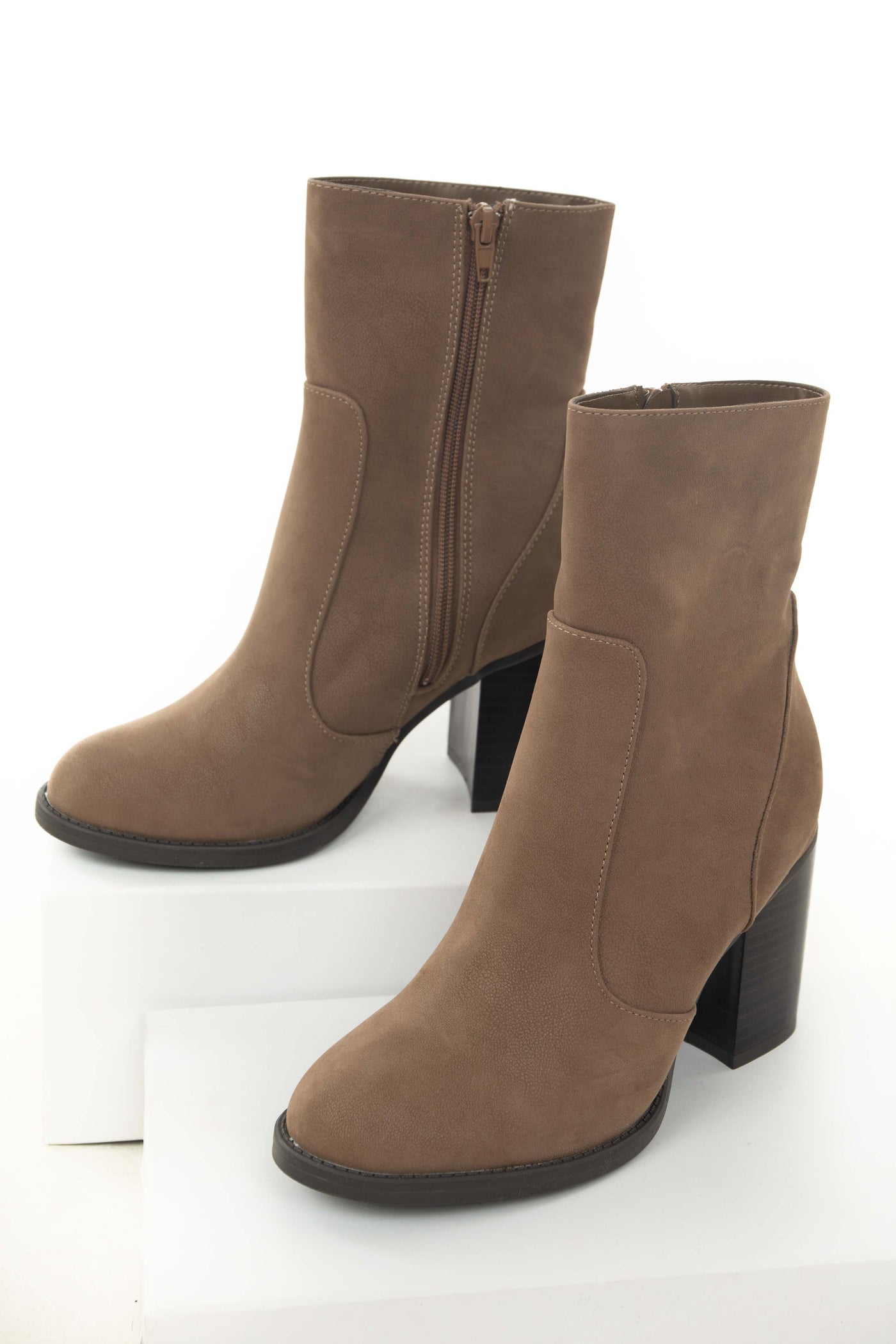 Coffee Block Heel Rounded Toe Mid Calf Boots
