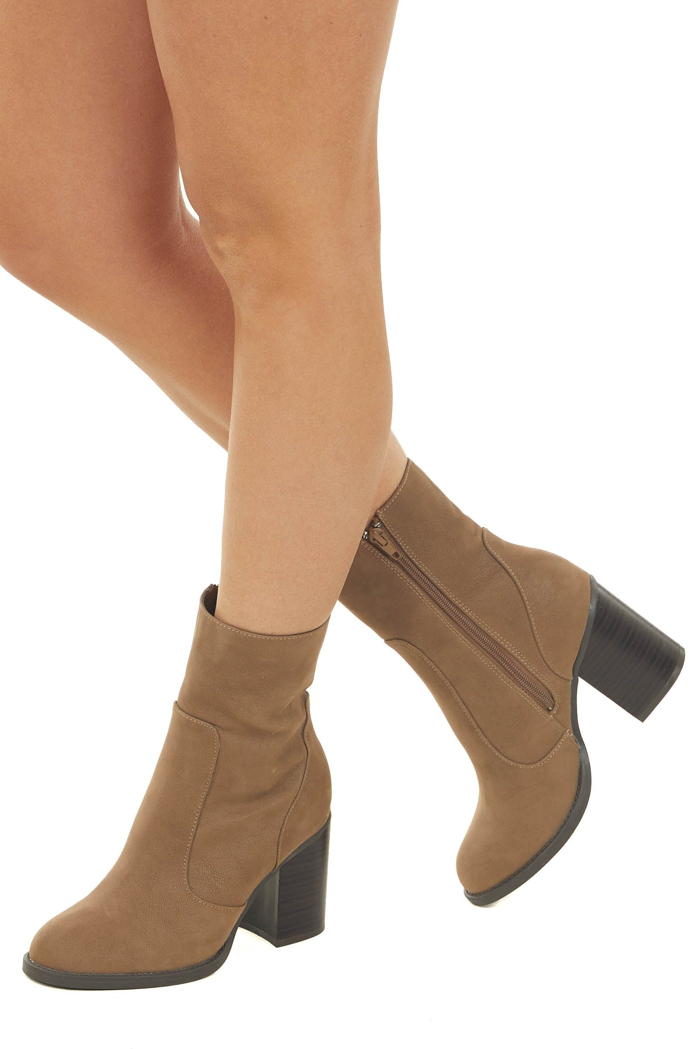 Coffee Block Heel Rounded Toe Mid Calf Boots