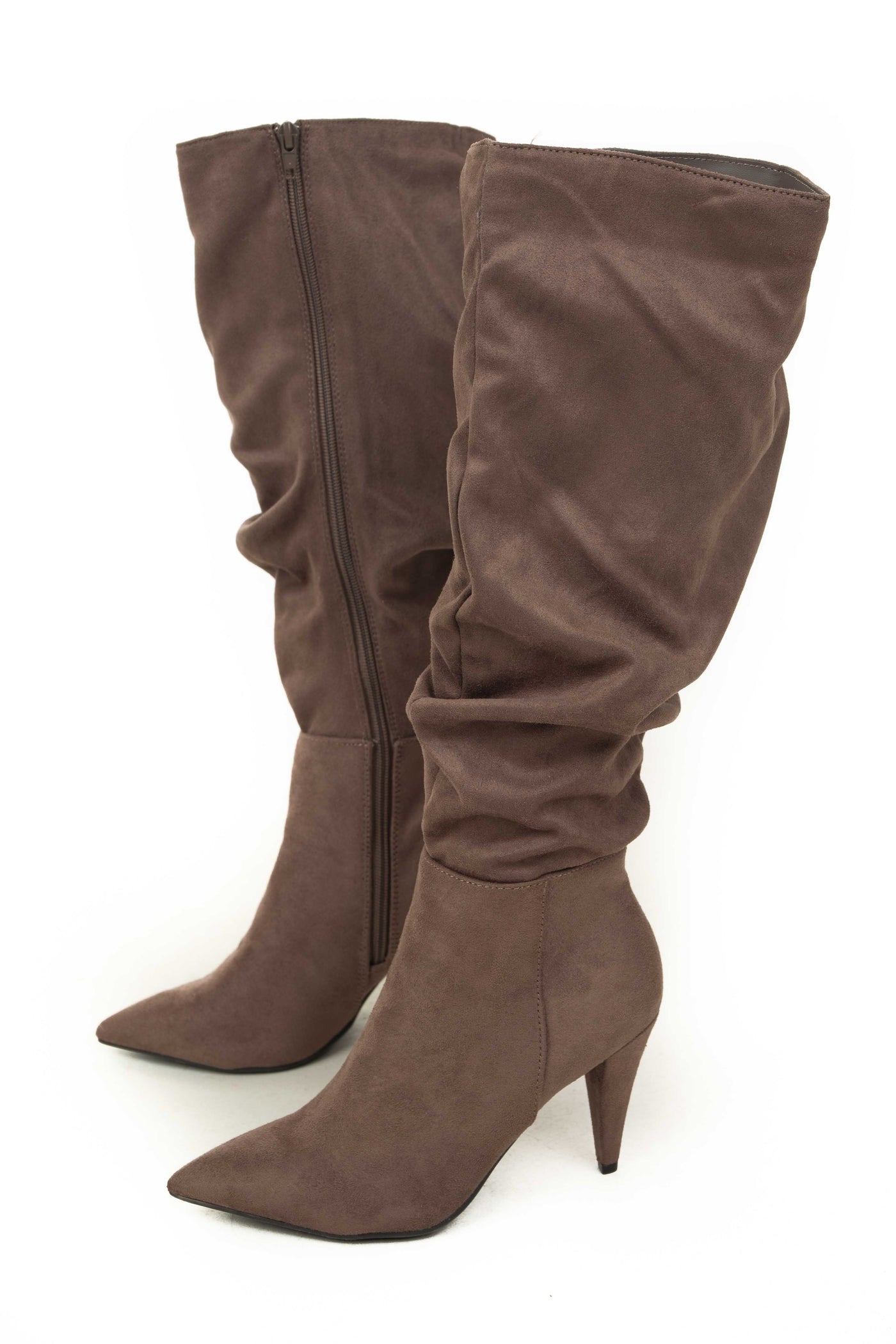 Coffee Slouchy Side Zip Up Pointed Heel Boots