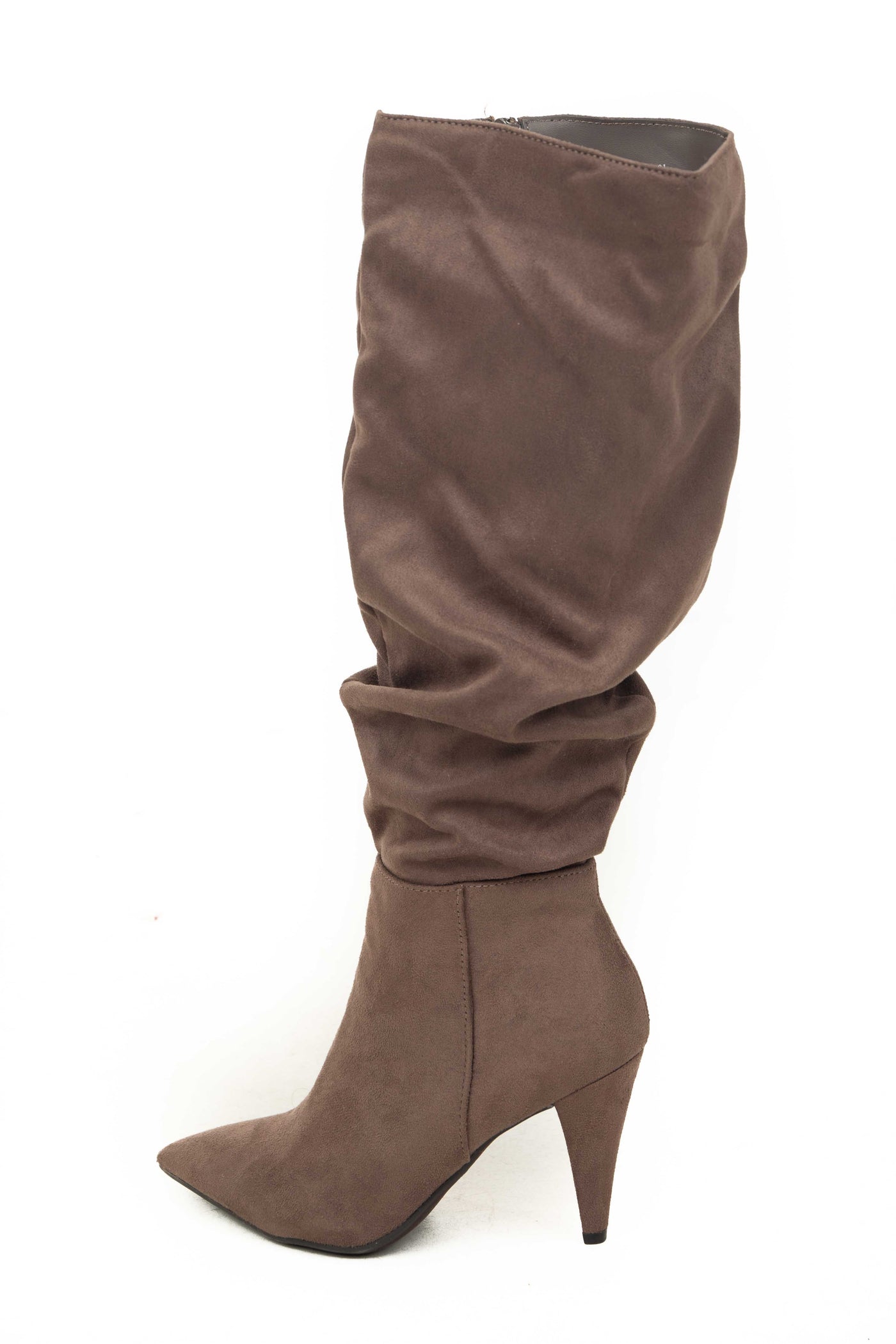 Coffee Slouchy Side Zip Up Pointed Heel Boots