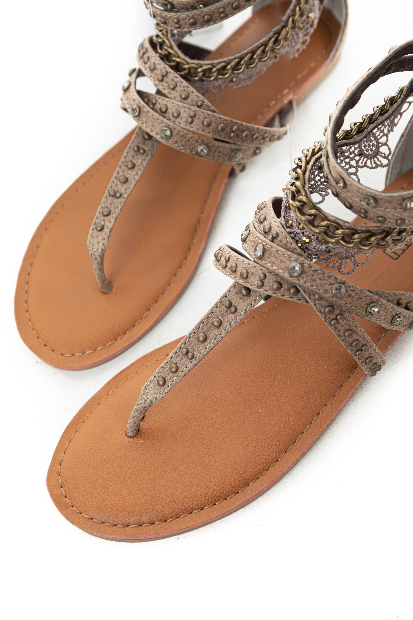 Coffee Strappy Sandals with Lace and Rhinestone Details