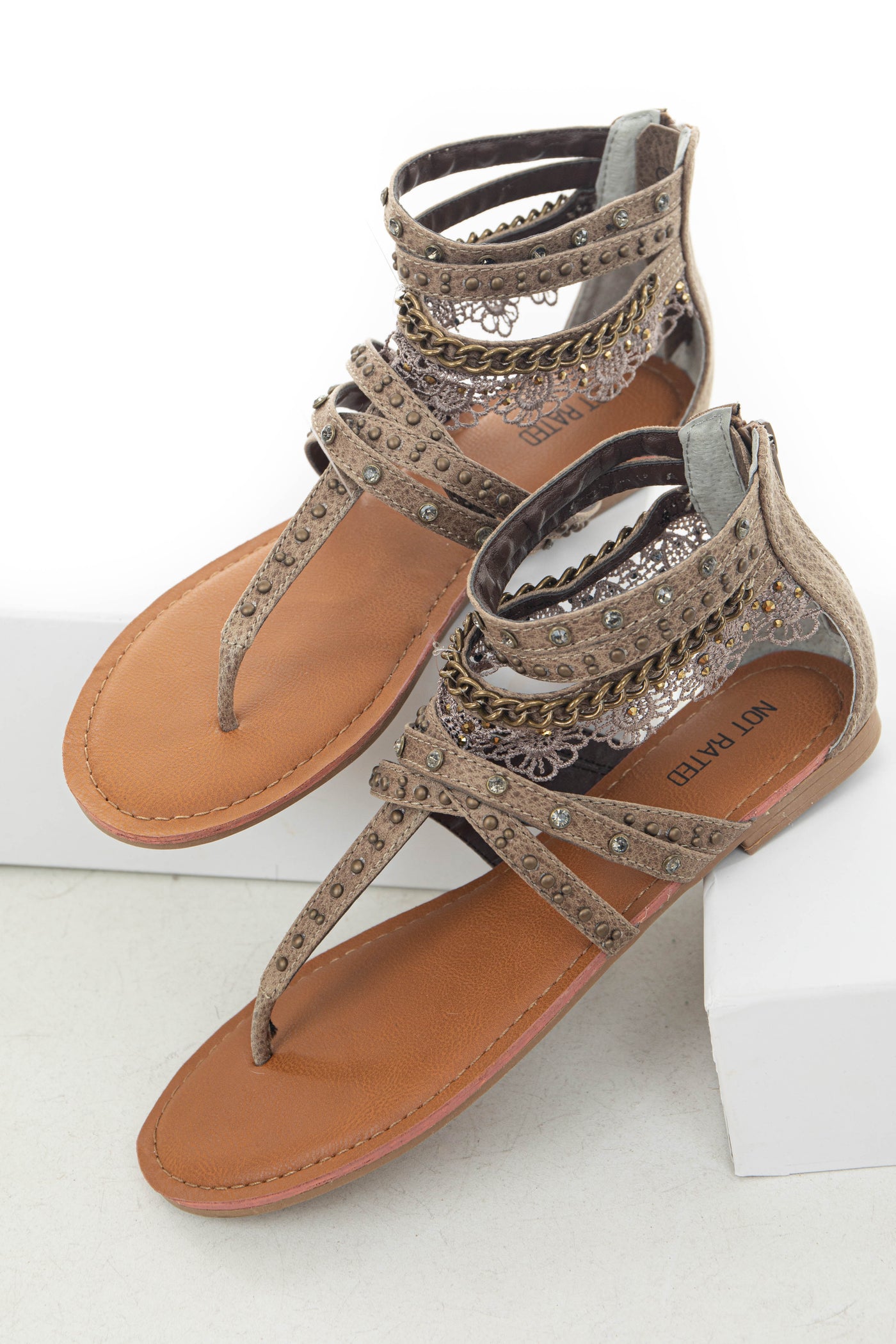 Coffee Strappy Sandals with Lace and Rhinestone Details