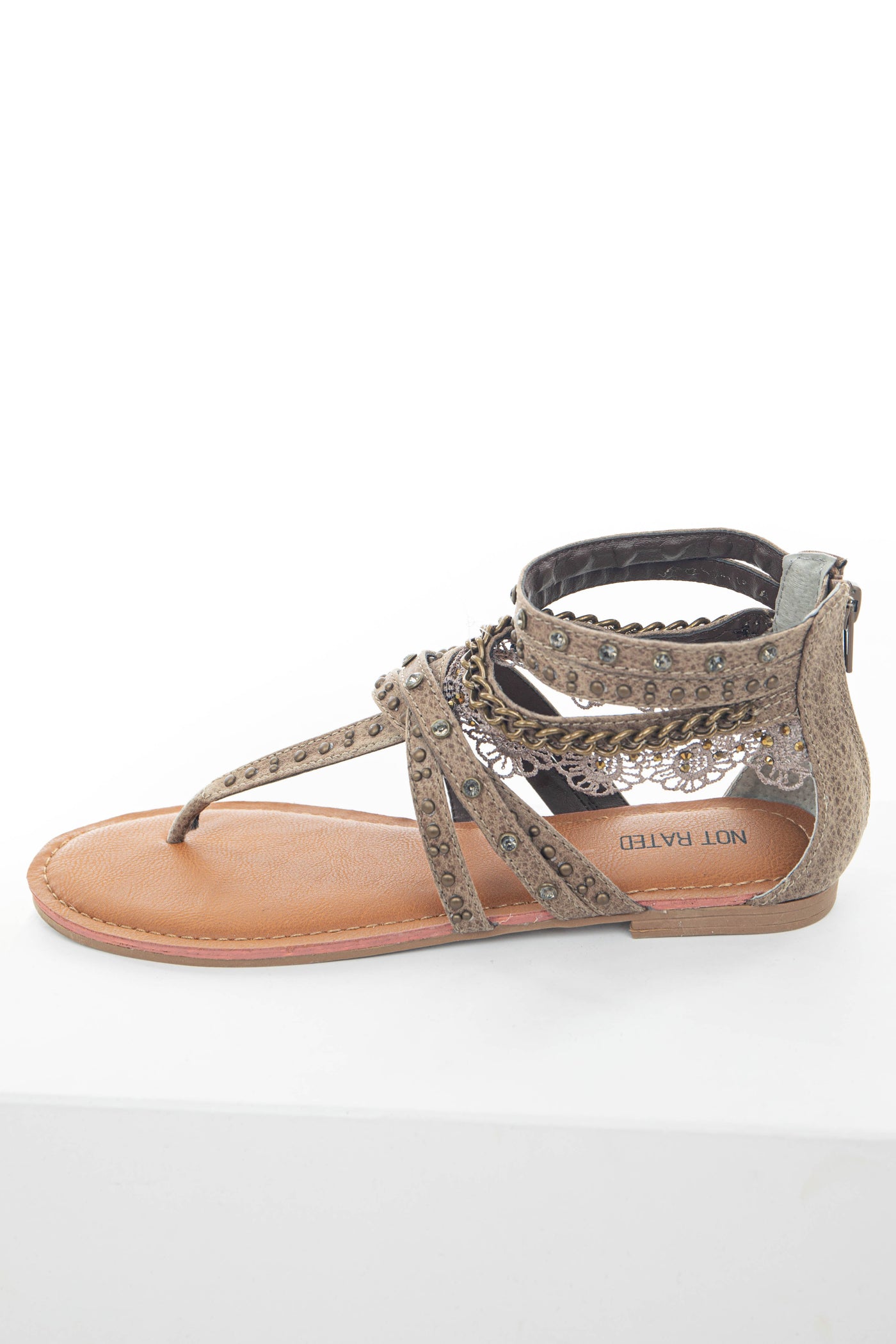 Coffee Strappy Sandals with Lace and Rhinestone Details