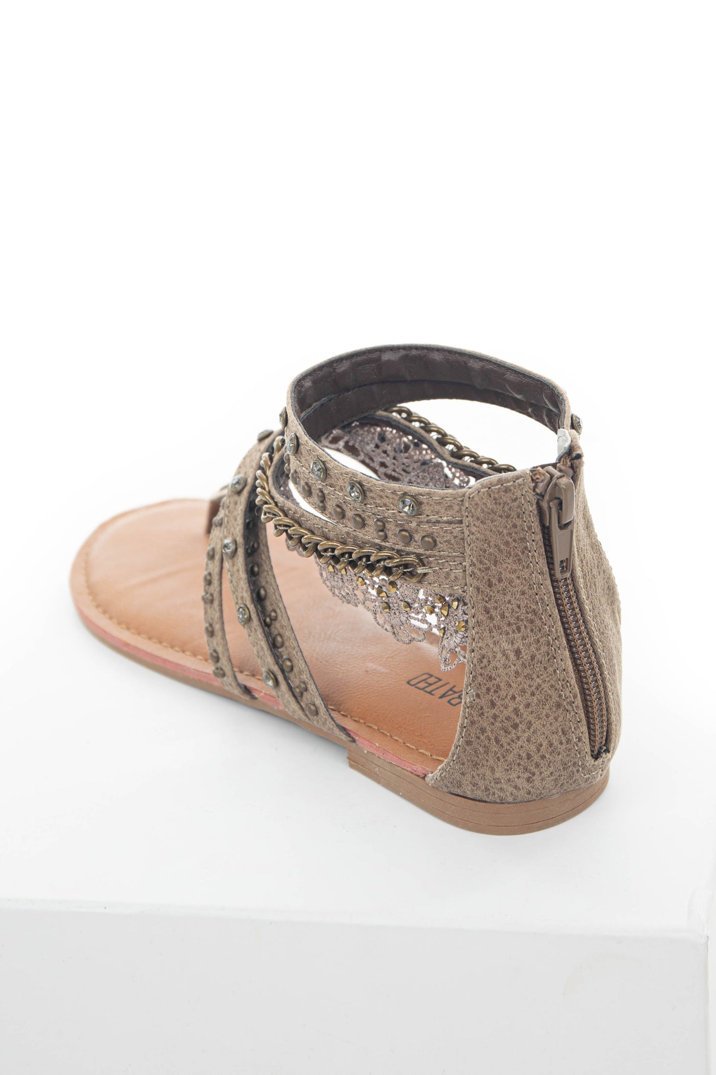 Coffee Strappy Sandals with Lace and Rhinestone Details