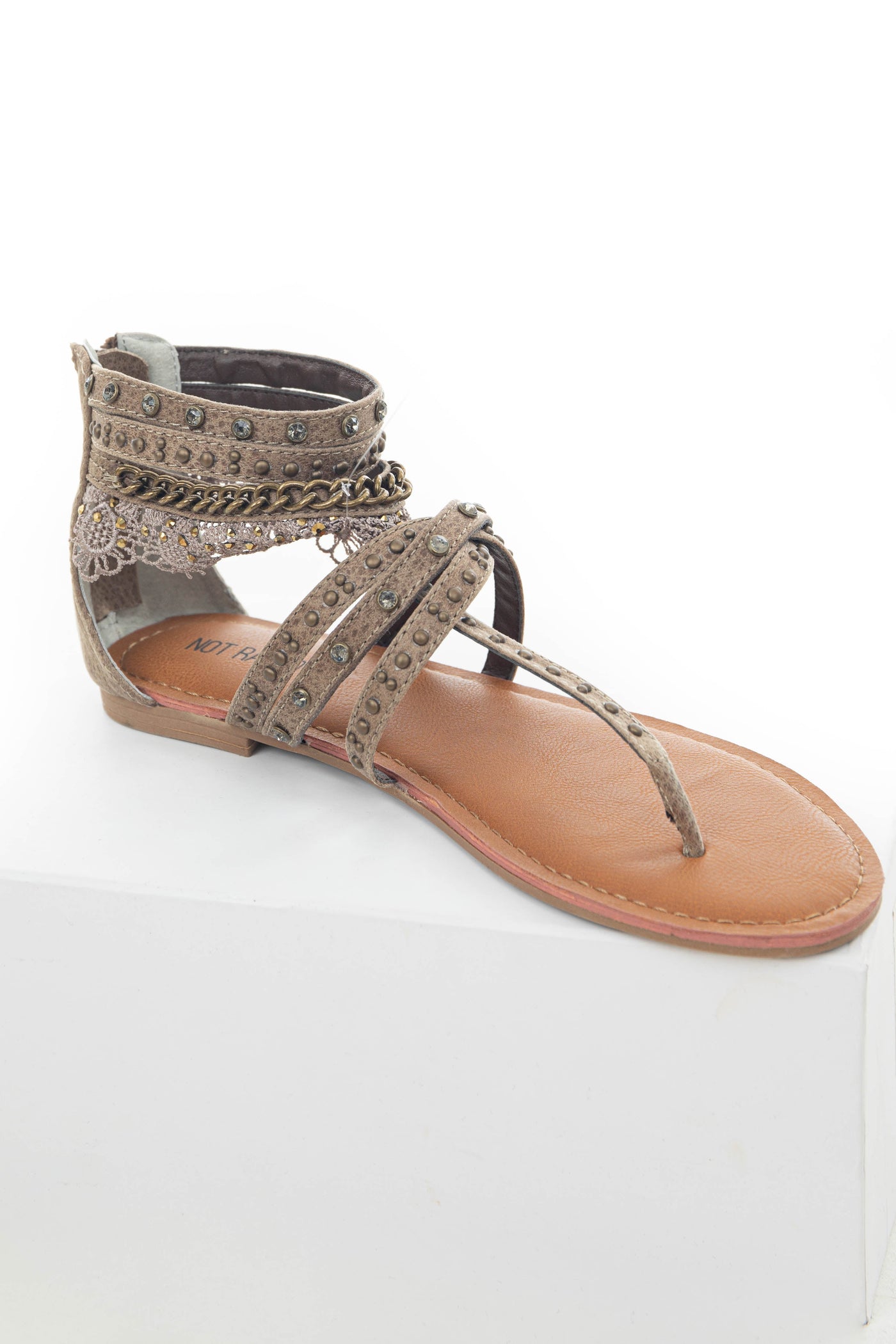 Coffee Strappy Sandals with Lace and Rhinestone Details