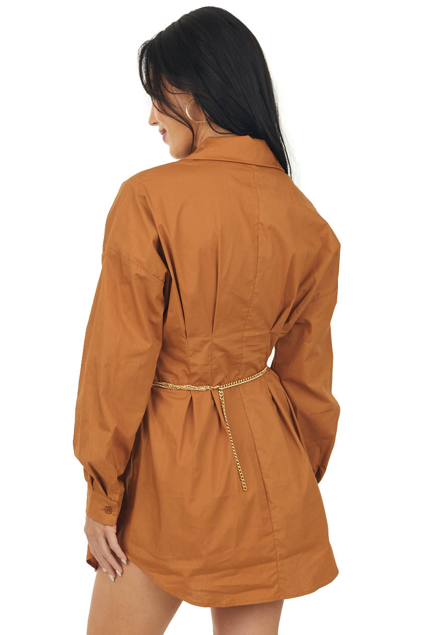 Cognac Button Up Long Sleeve Collard Mini Dress