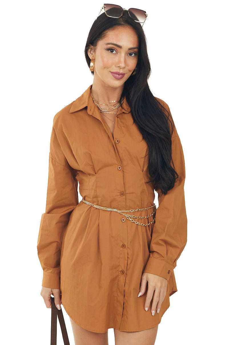 Cognac Button Up Long Sleeve Collard Mini Dress