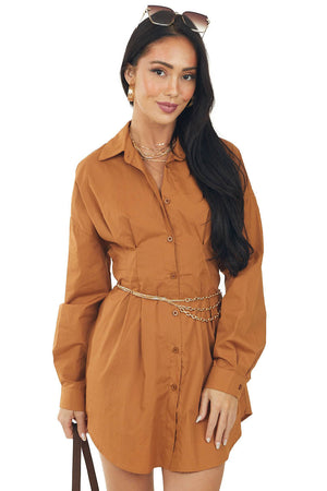 Cognac Button Up Long Sleeve Collard Mini Dress