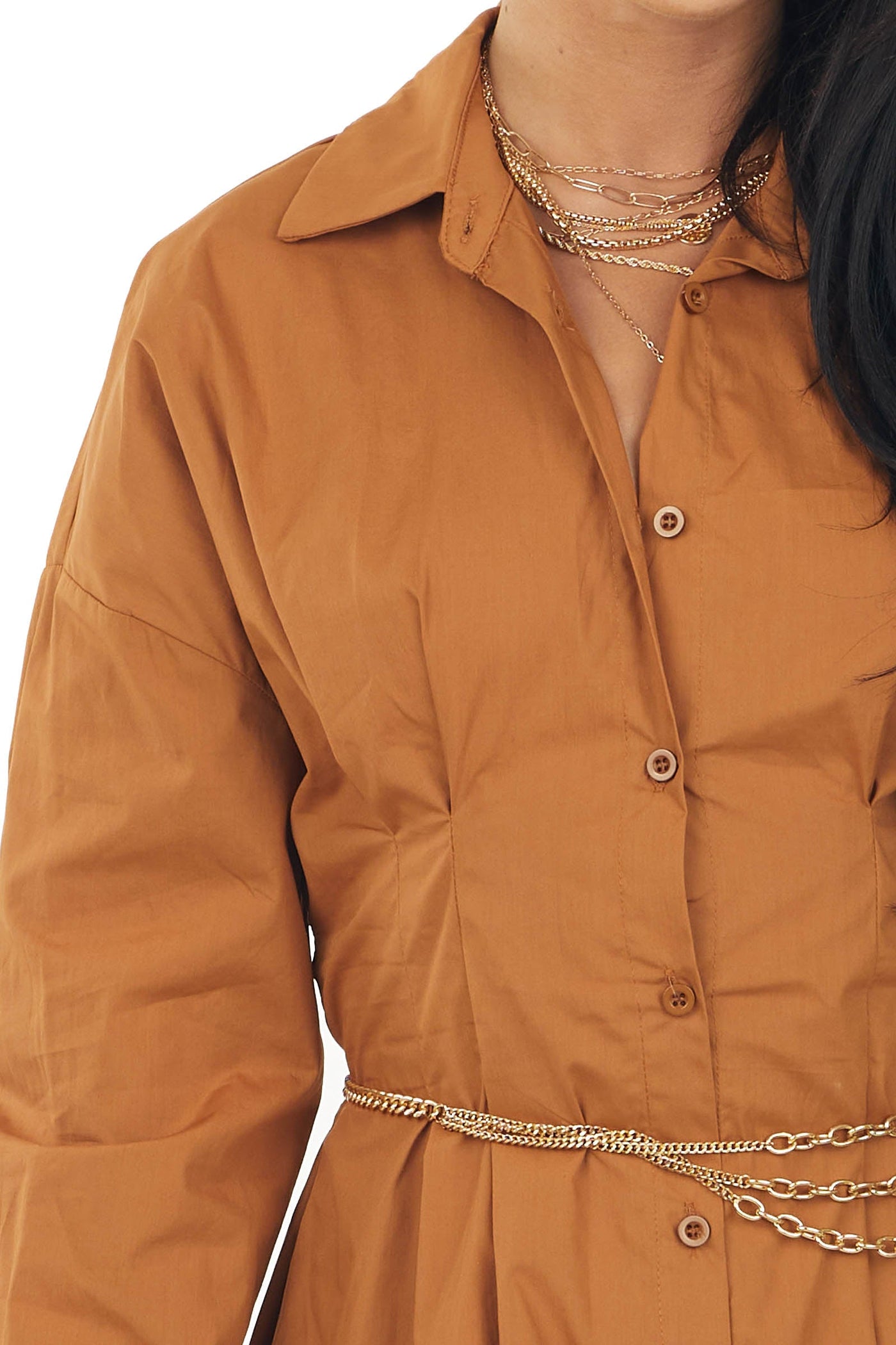 Cognac Button Up Long Sleeve Collard Mini Dress