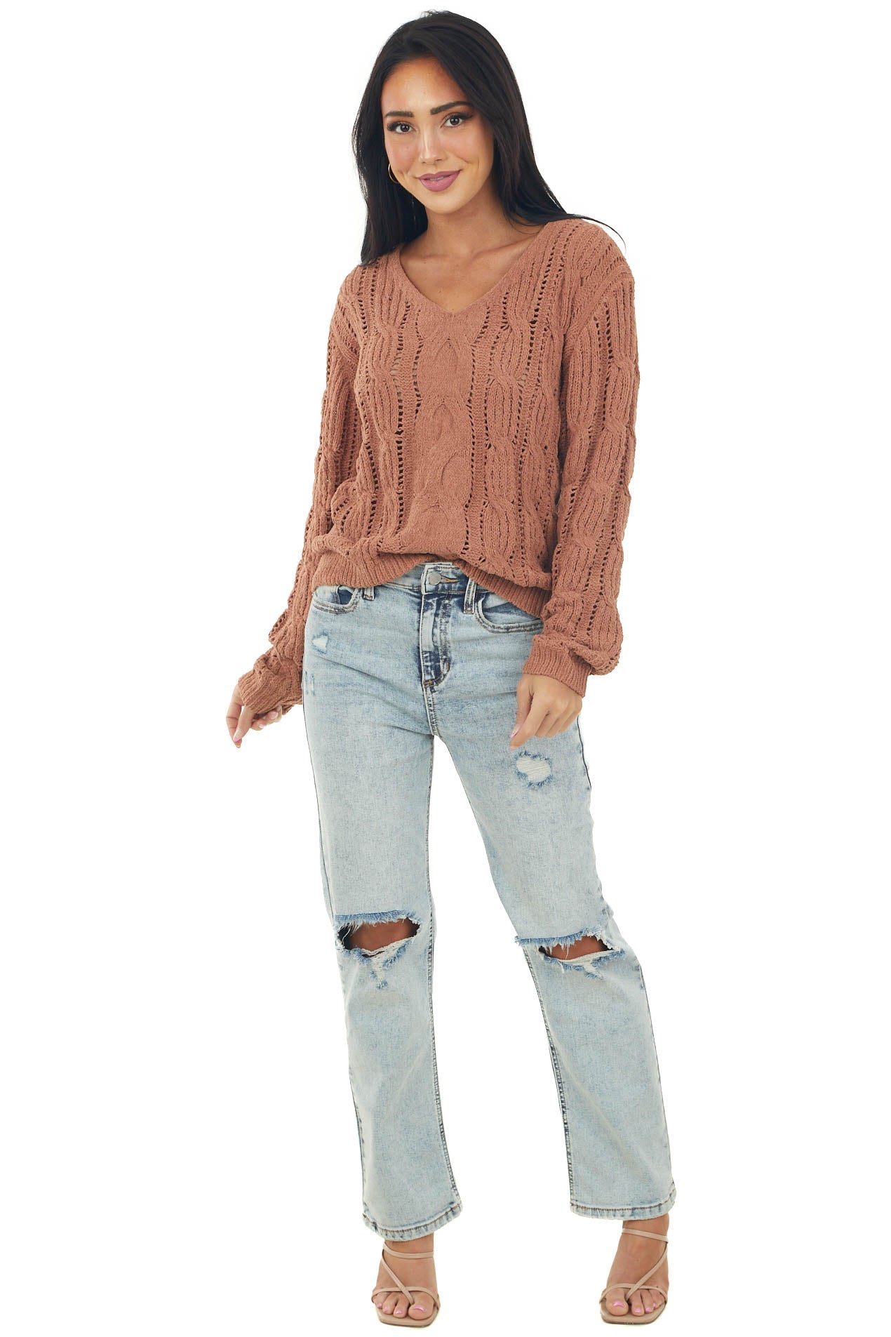 Cognac Chenille Loose Cable Knit Sweater