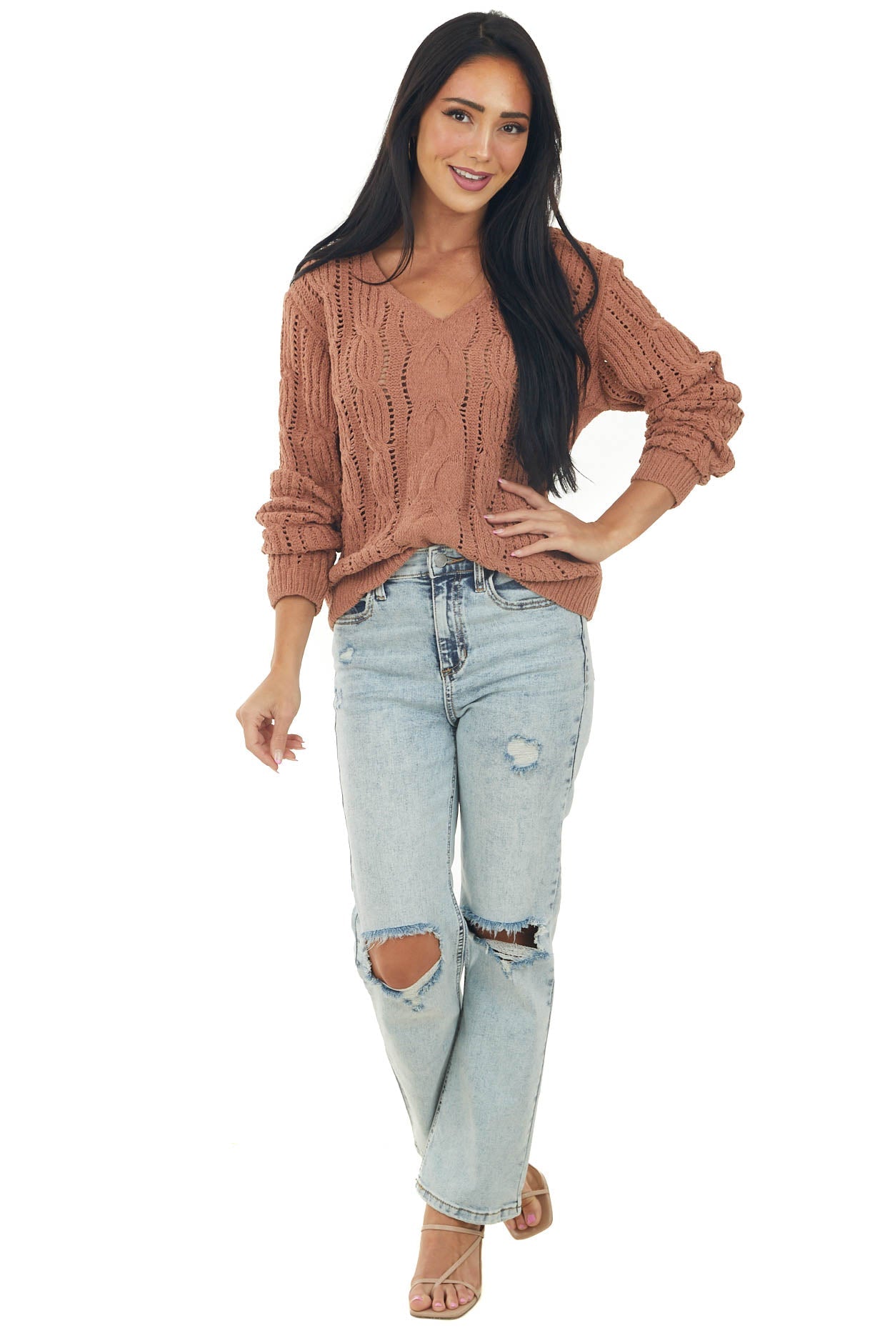 Cognac Chenille Loose Cable Knit Sweater