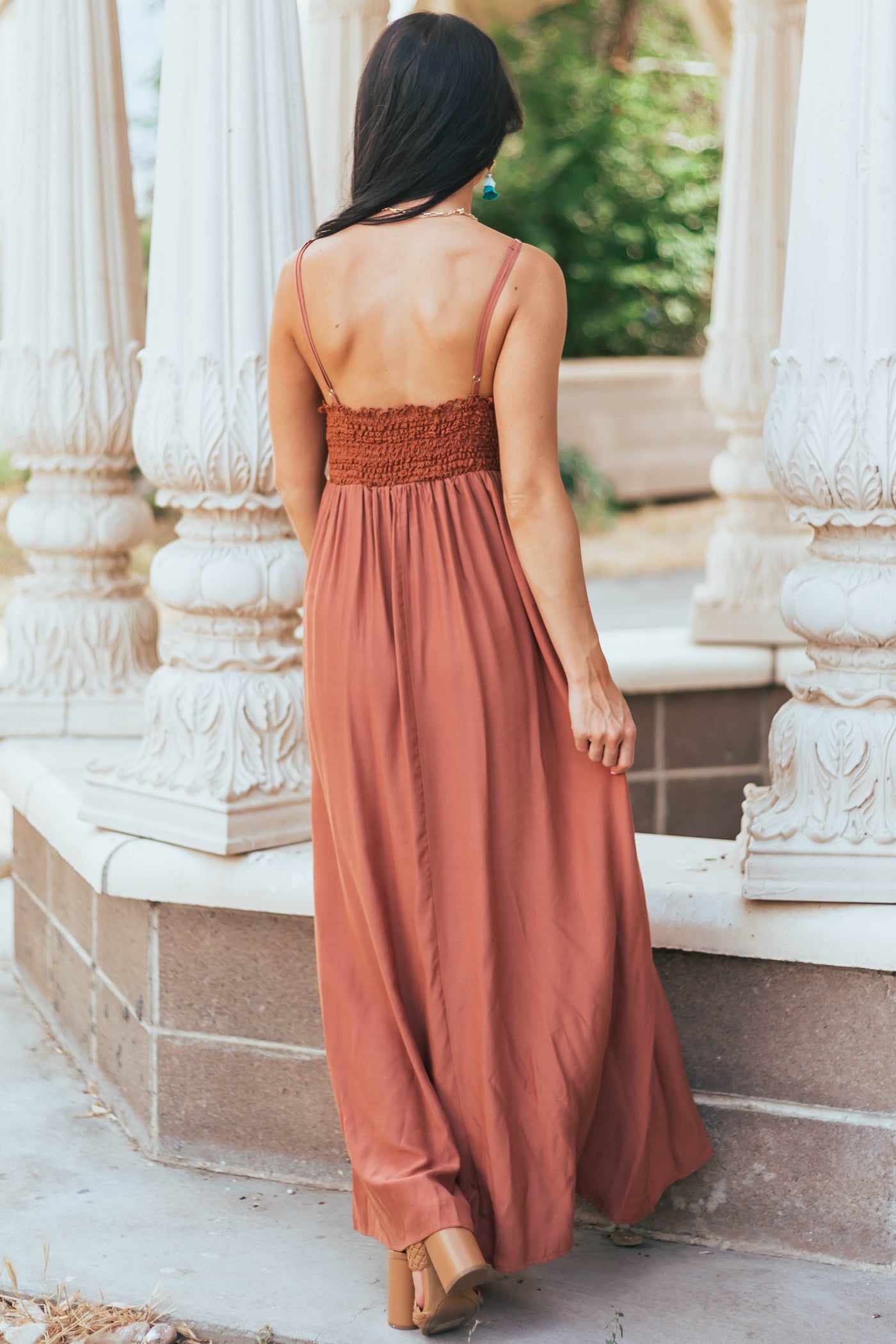 Cognac Crochet Bodice V Neck Woven Maxi Dress