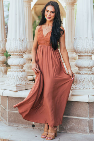 Cognac Crochet Bodice V Neck Woven Maxi Dress