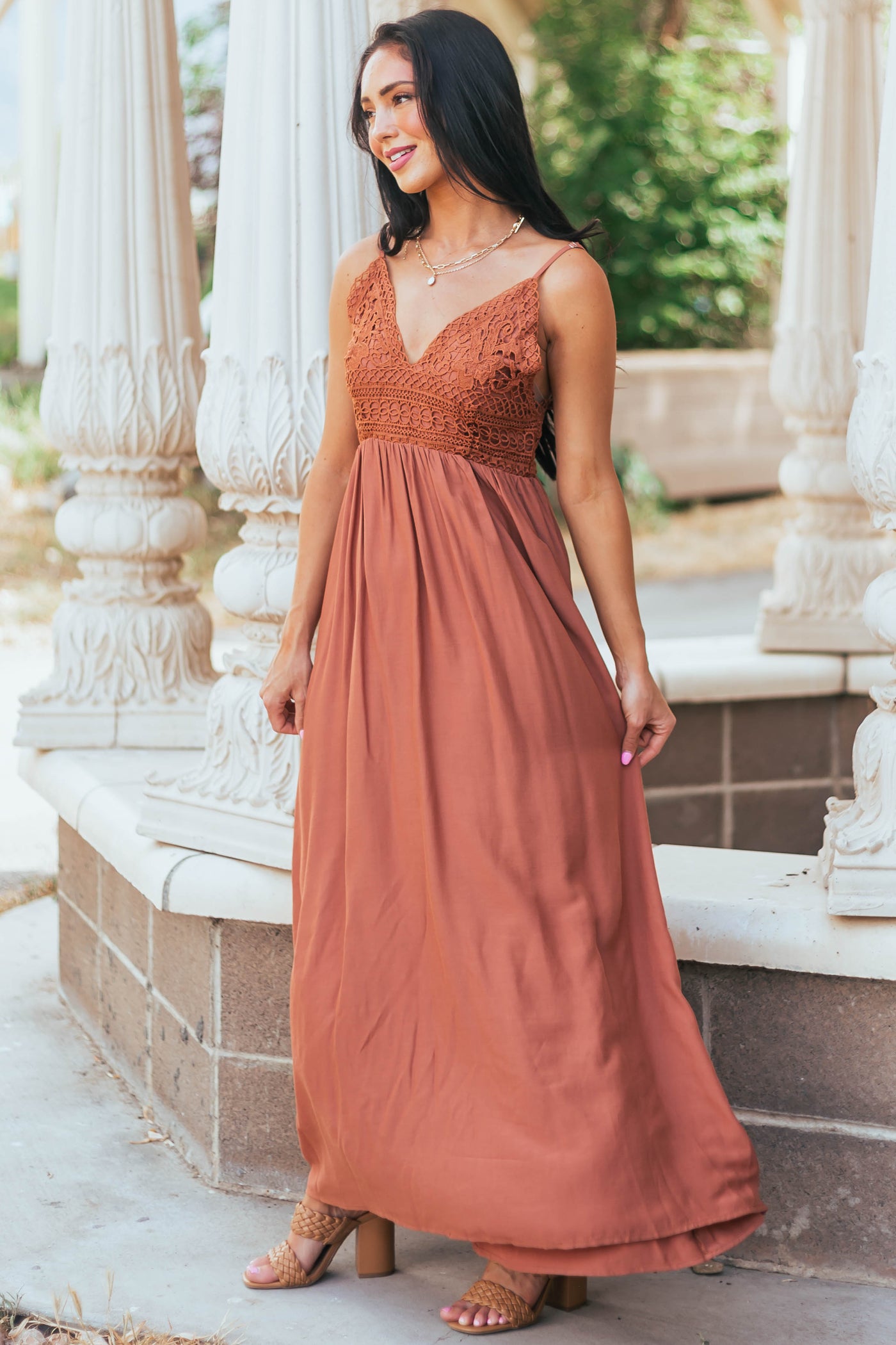 Cognac Crochet Bodice V Neck Woven Maxi Dress
