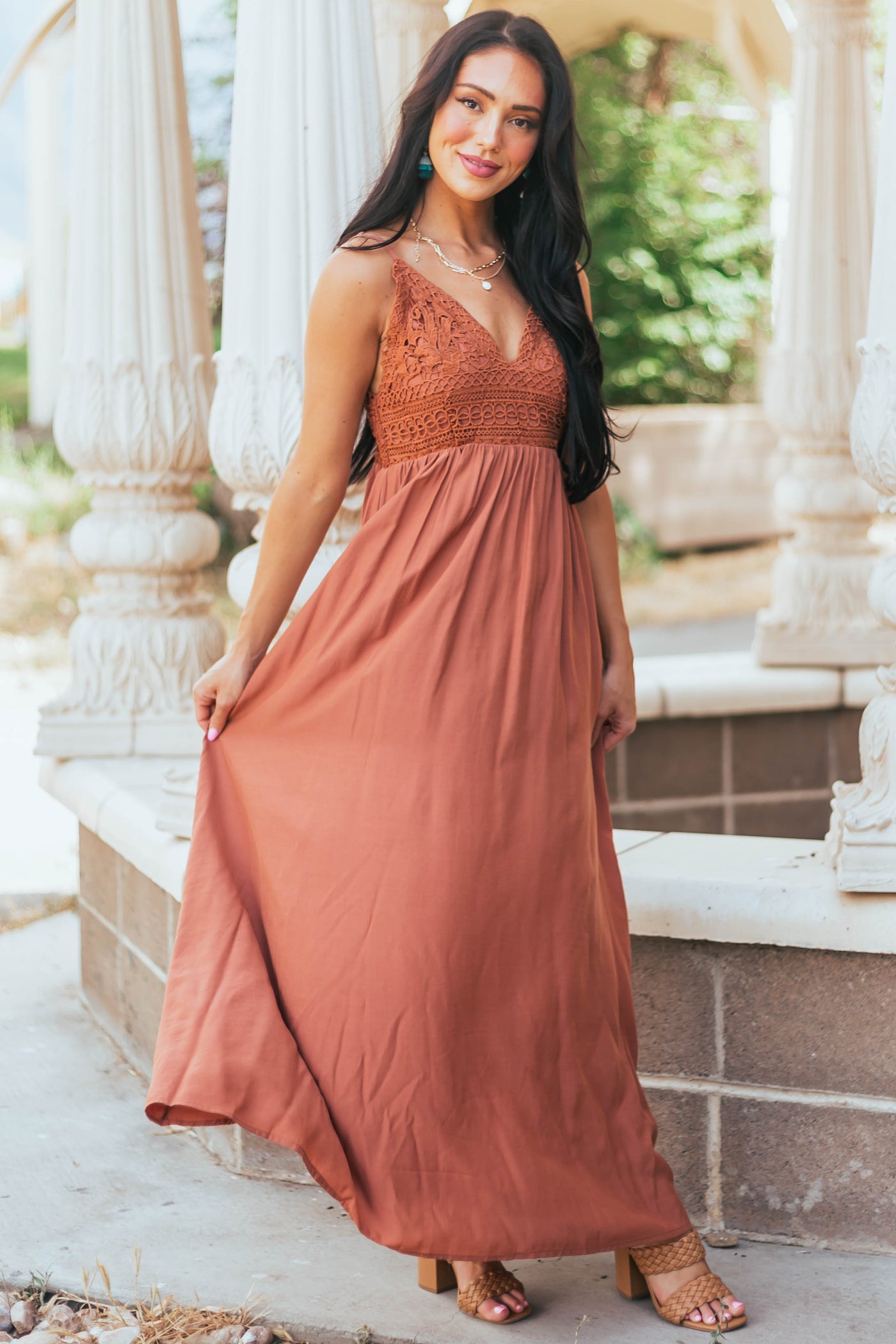 Cognac Crochet Bodice V Neck Woven Maxi Dress