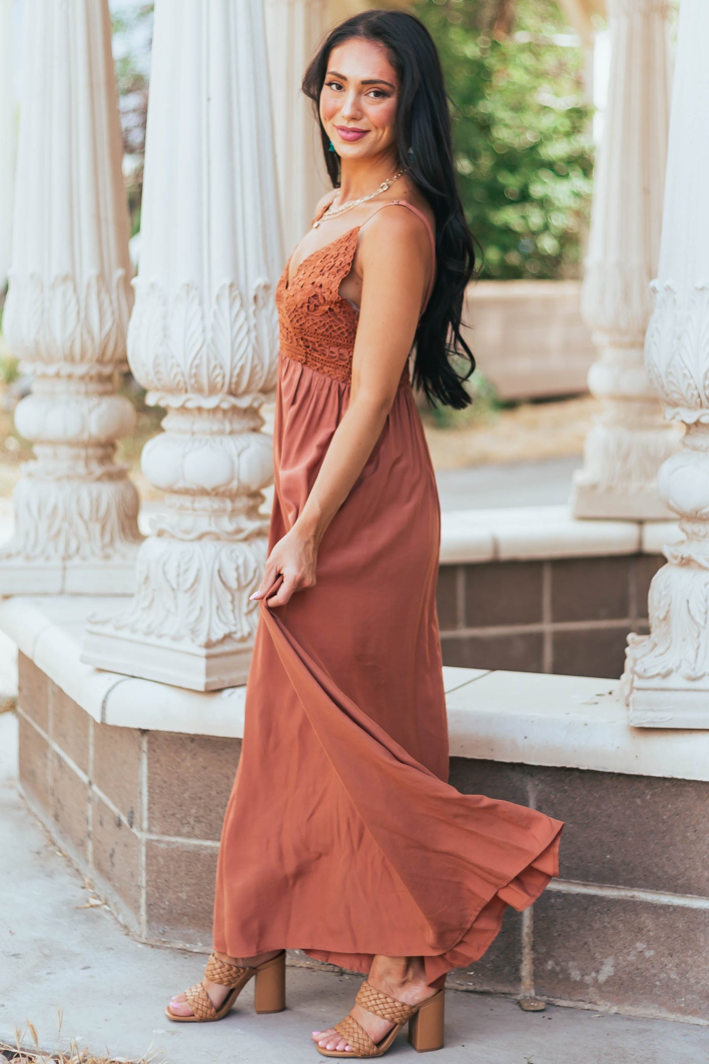 Cognac Crochet Bodice V Neck Woven Maxi Dress