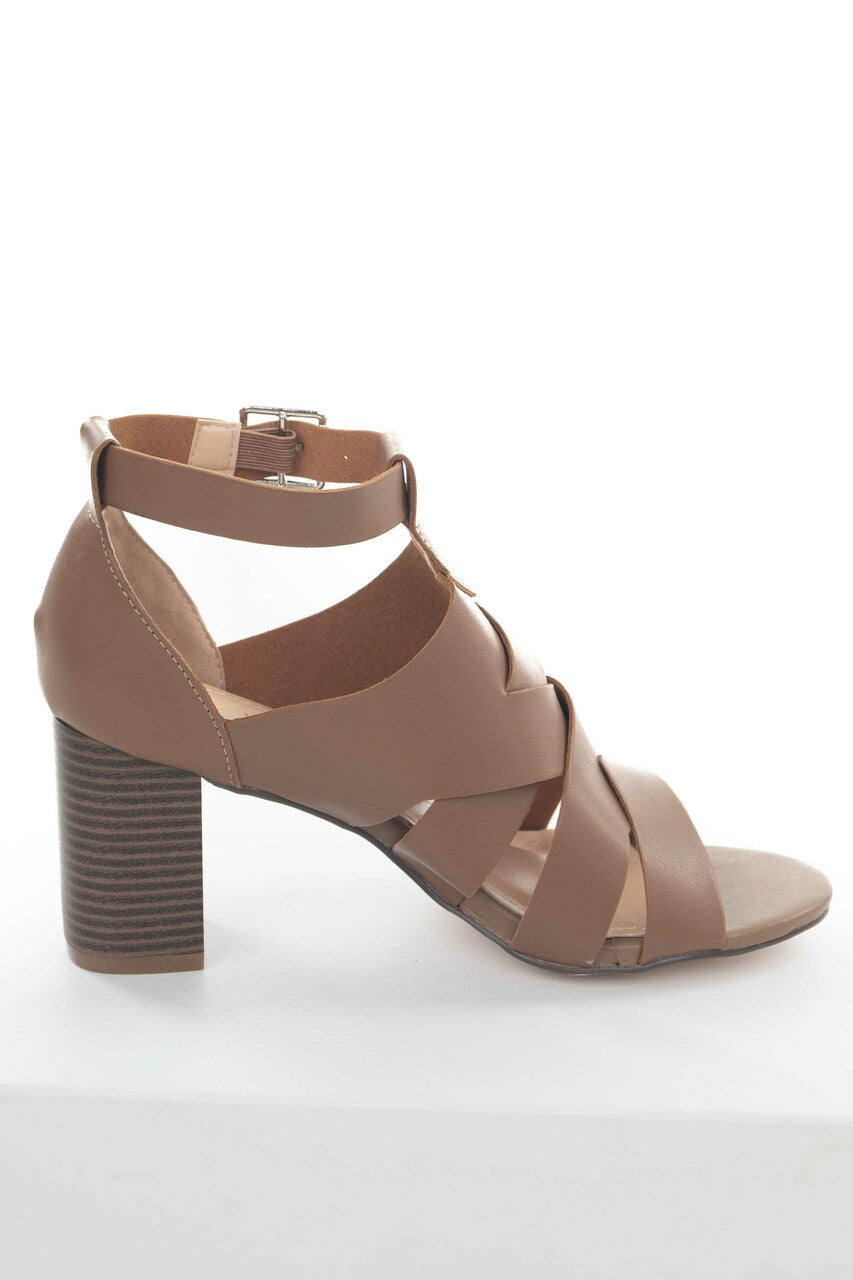 Cognac Faux Leather Strappy Heeled Sandals 