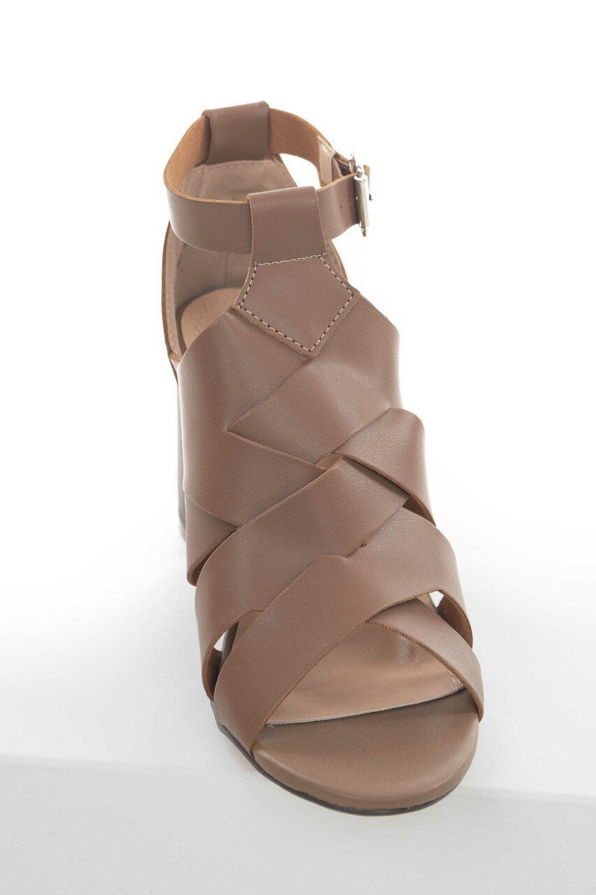 Cognac Faux Leather Strappy Heeled Sandals 
