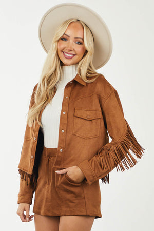 Cognac Faux Suede Button Up Tassel Detail Jacket