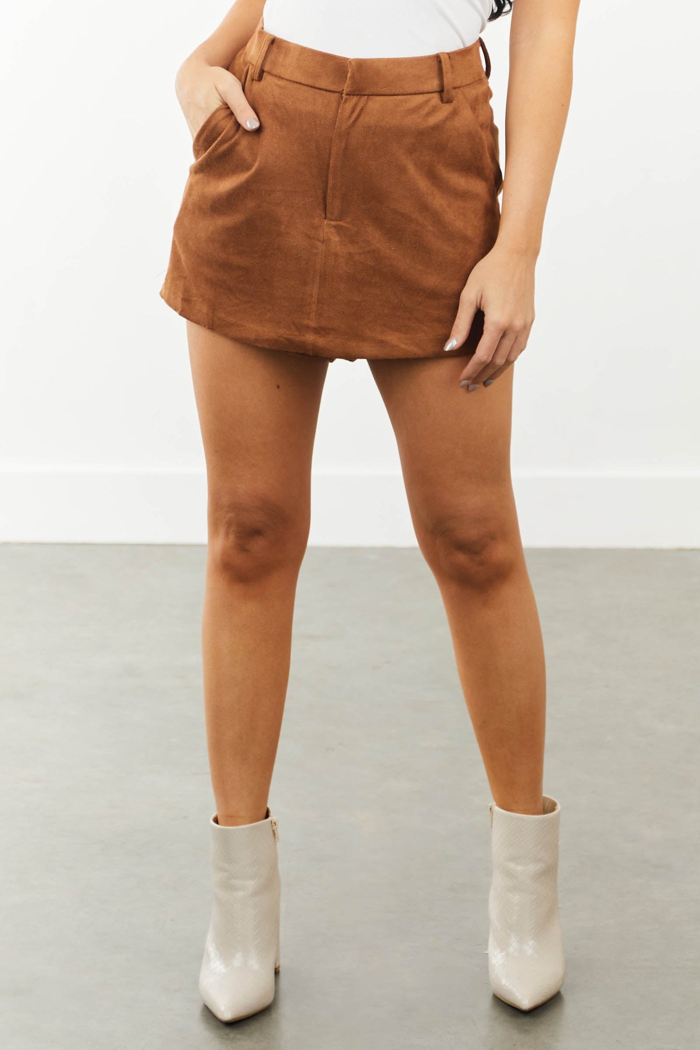 Cognac Faux Suede Mini Skort with Pockets