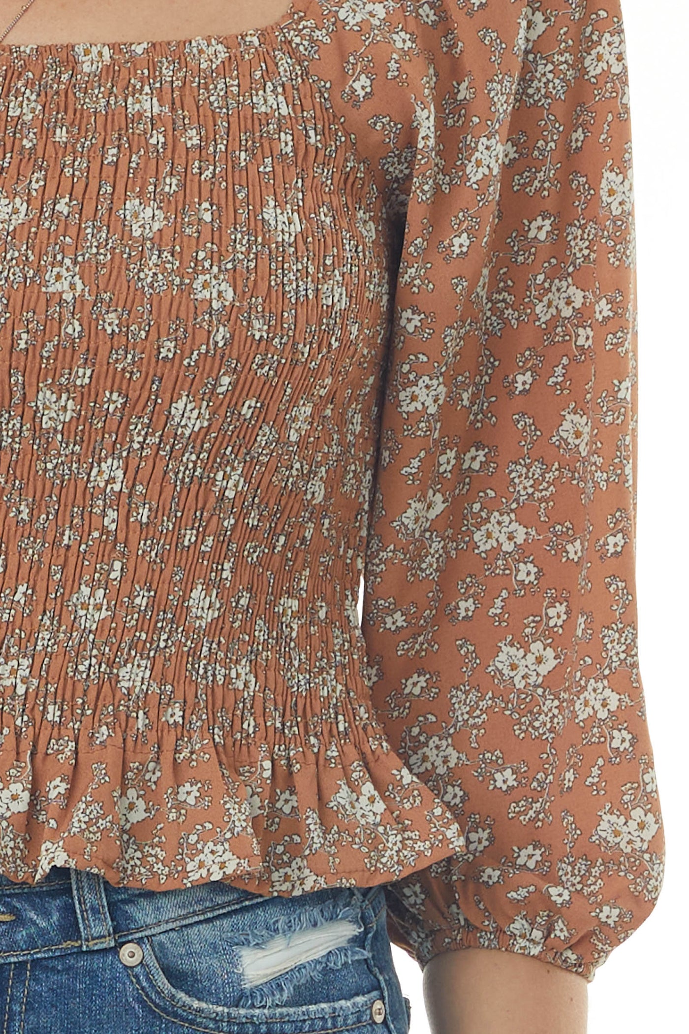 Cognac Floral Print 3-4 Puff Sleeve Woven Top