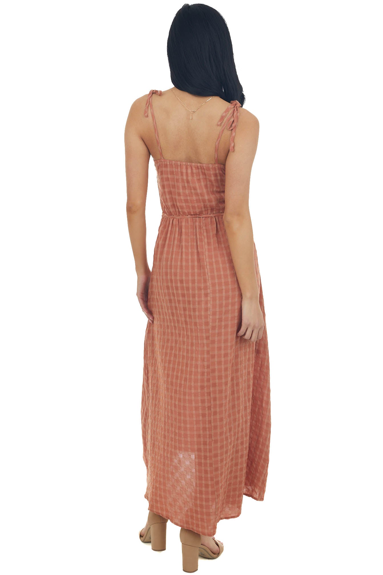 Cognac Gingham Smocked Tie Strap Midi Dress