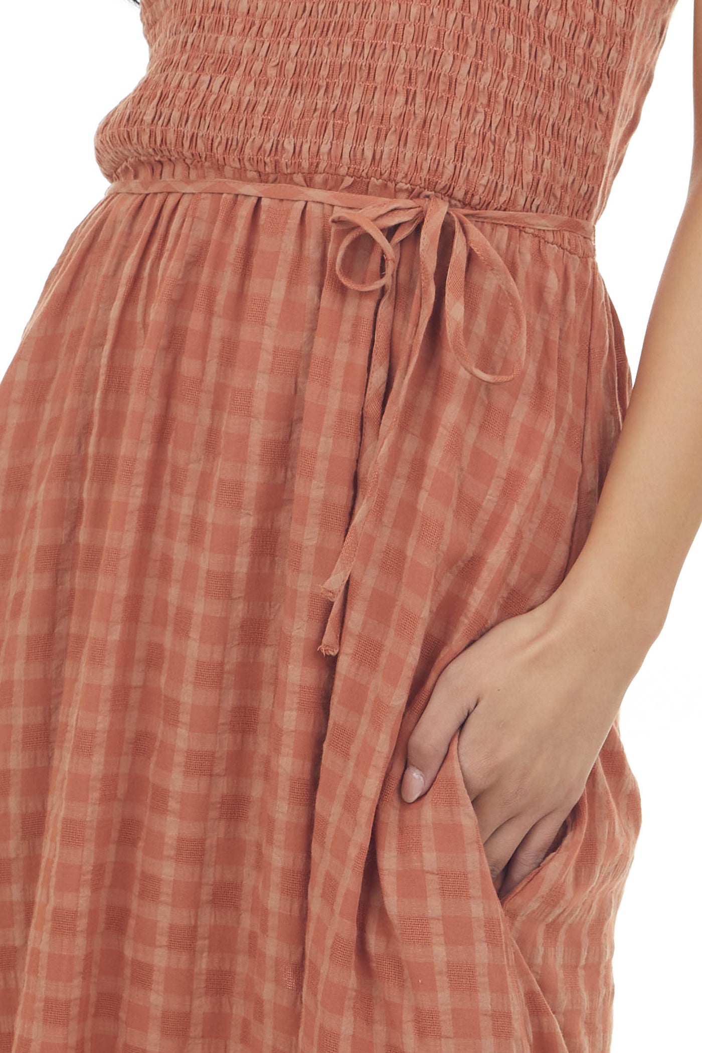 Cognac Gingham Smocked Tie Strap Midi Dress