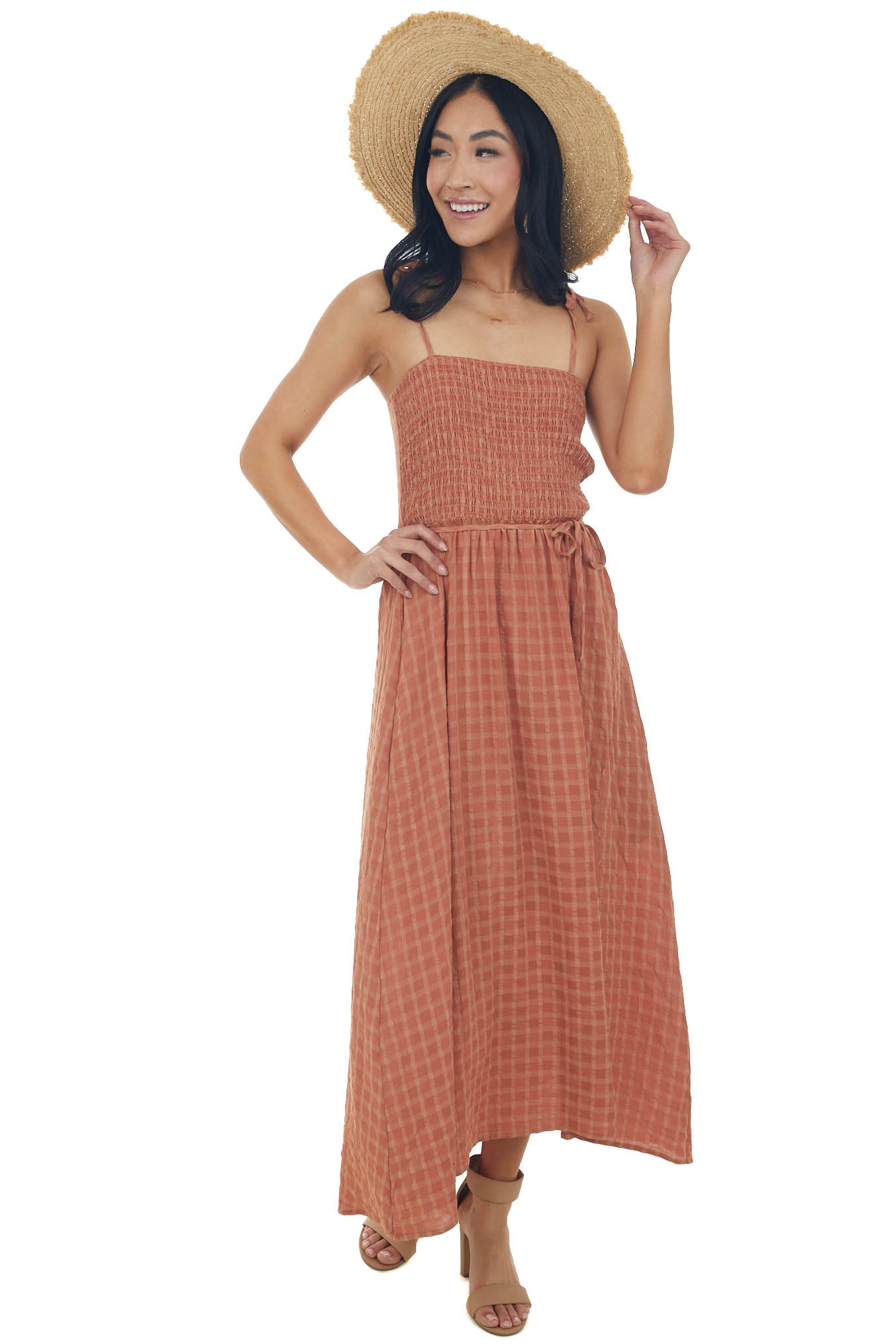 Cognac Gingham Smocked Tie Strap Midi Dress