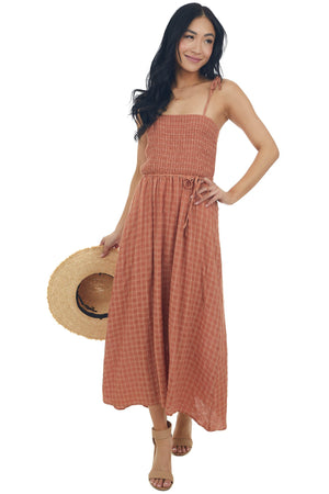 Cognac Gingham Smocked Tie Strap Midi Dress