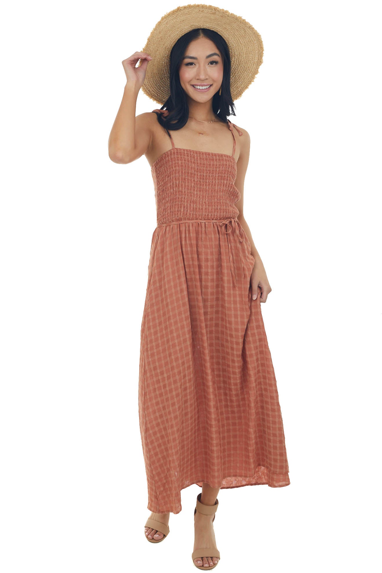 Cognac Gingham Smocked Tie Strap Midi Dress