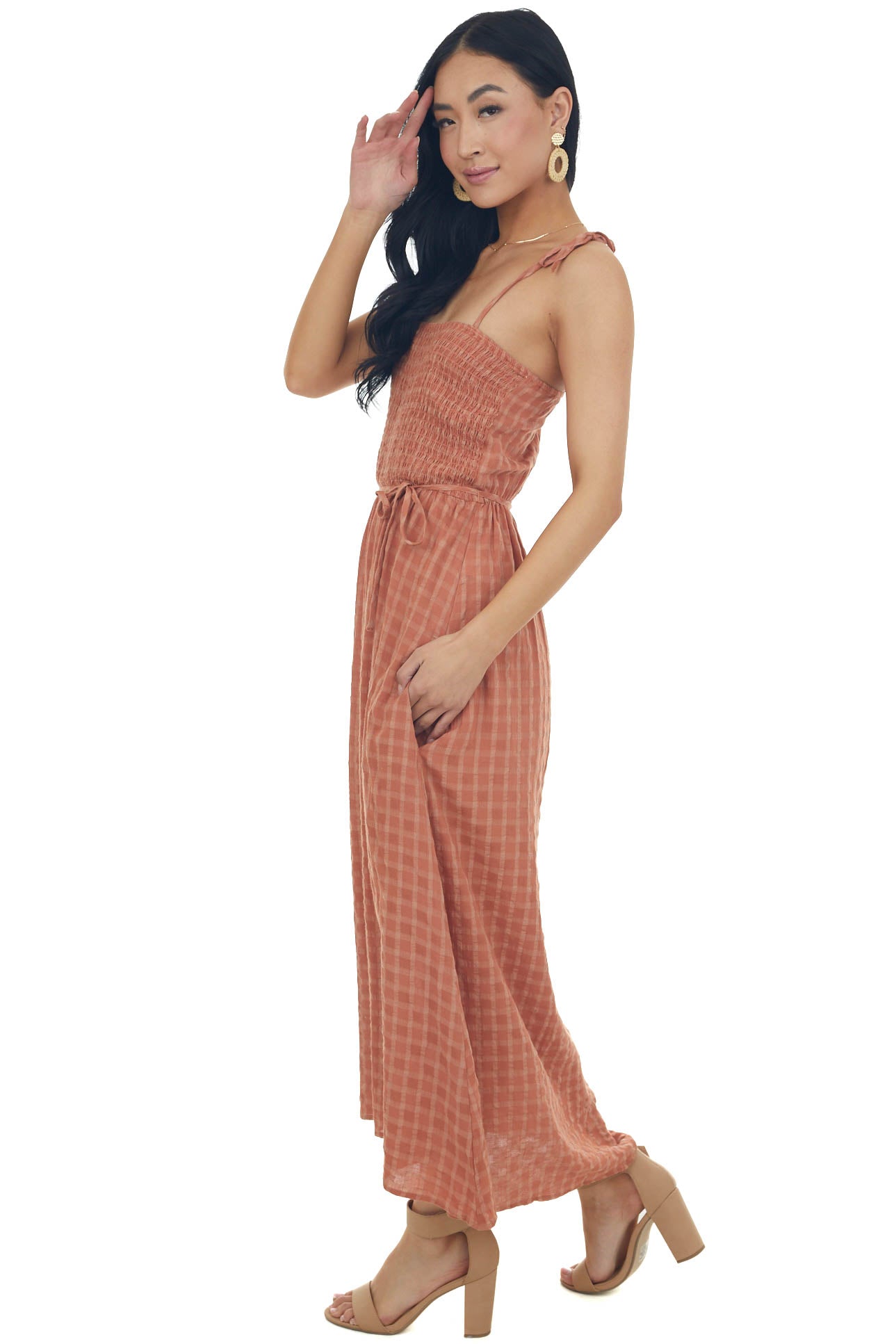Cognac Gingham Smocked Tie Strap Midi Dress