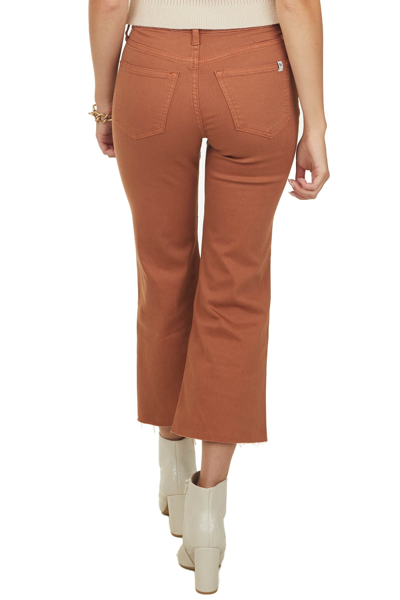 Cognac High Rise Cropped Flare Jeans with Raw Hem