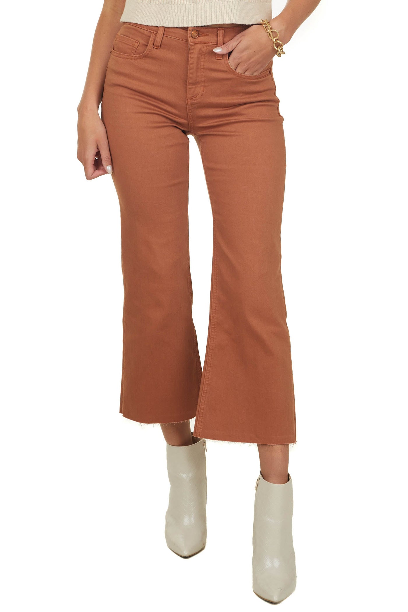 Cognac High Rise Cropped Flare Jeans with Raw Hem
