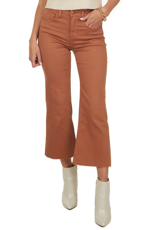 Cognac High Rise Cropped Flare Jeans with Raw Hem