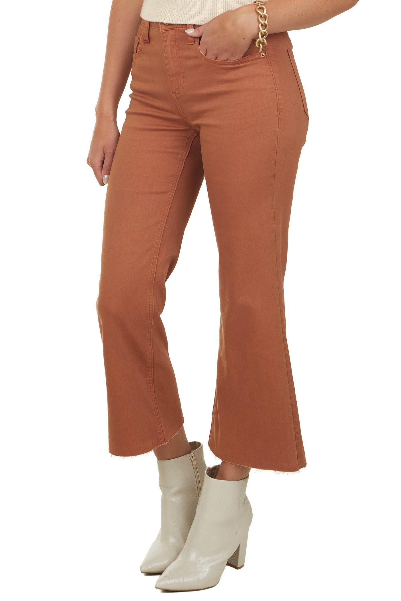 Cognac High Rise Cropped Flare Jeans with Raw Hem