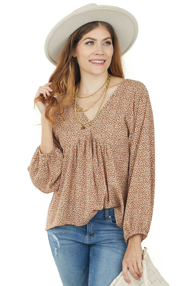 Cognac Leopard Print Long Sleeve Babydoll Blouse