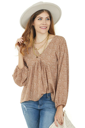 Cognac Leopard Print Long Sleeve Babydoll Blouse