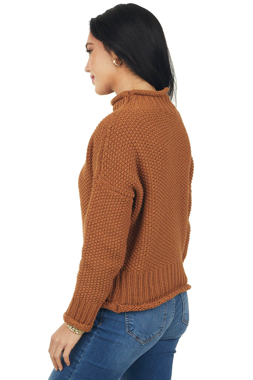 Cognac Mock Neck Rolled Hem Chunky Sweater