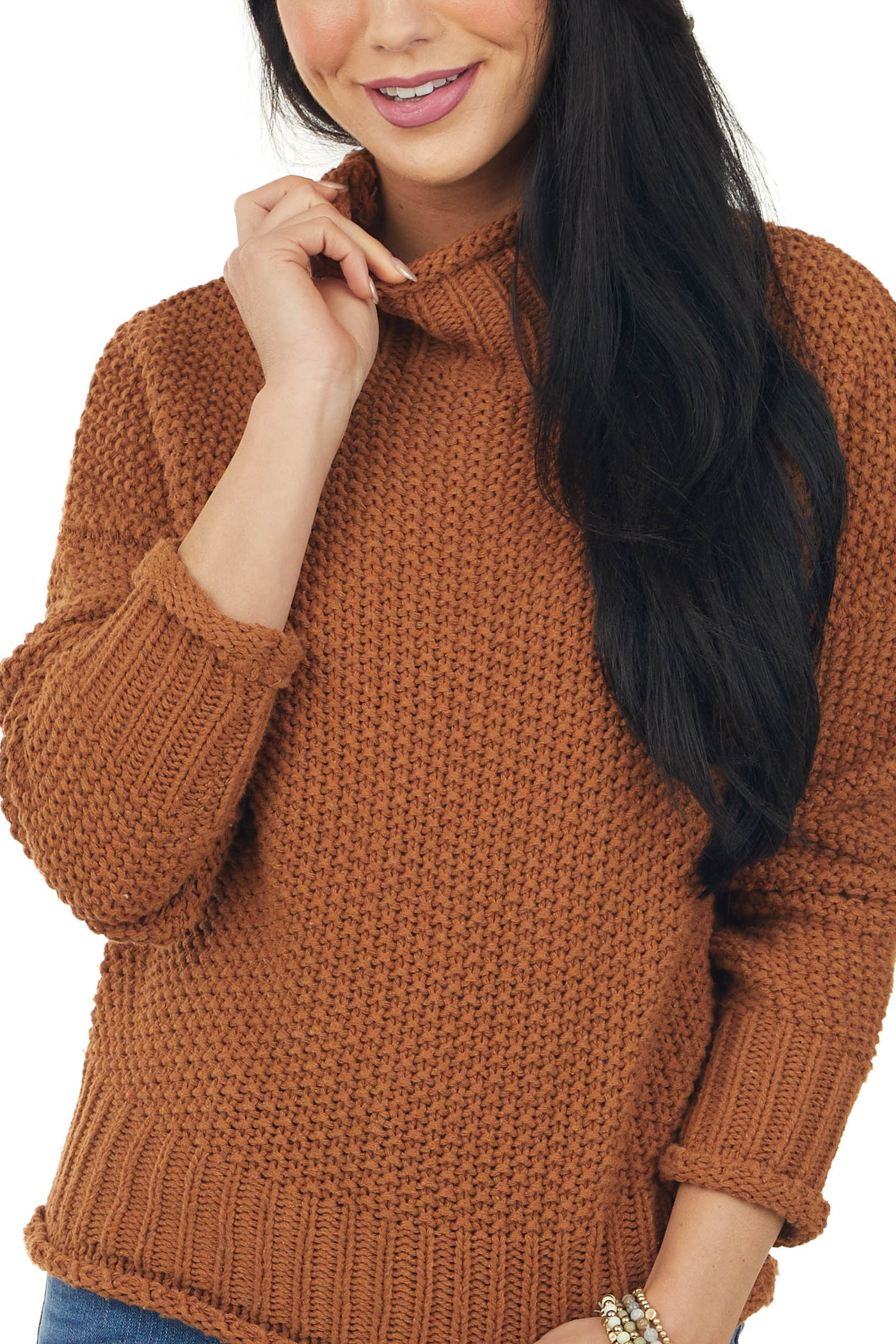 Cognac Mock Neck Rolled Hem Chunky Sweater